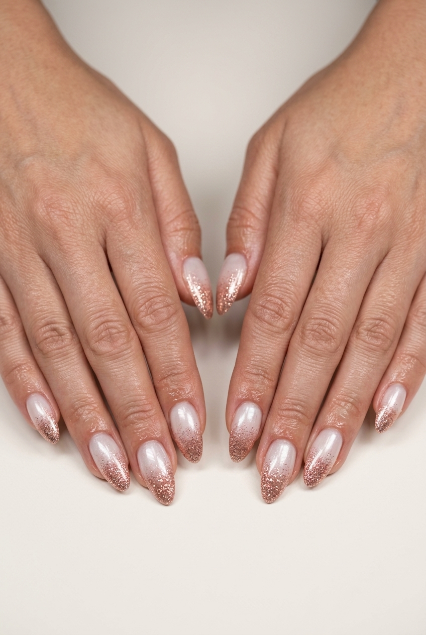 Romantic rose gold glittered almond tips for summer glitter nails 2026.