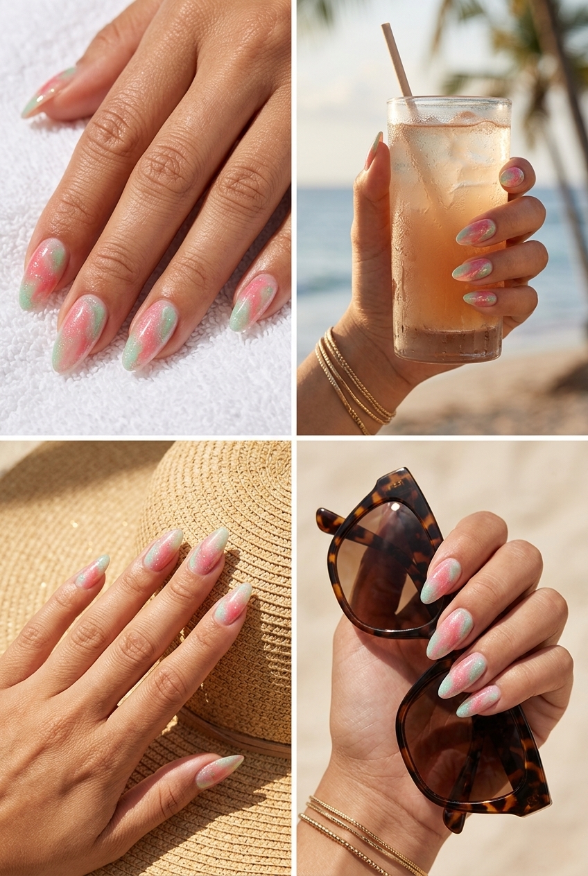 Watermelon pink and mint green marble nails with iridescent glitter for vacations. Summer glitter nails 2026.