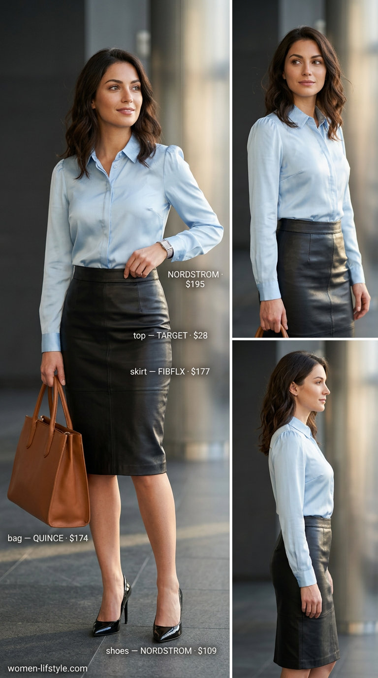 Black leather straight-leg midi skirt outfit for women, ideal for office and business casual. 2026 style.