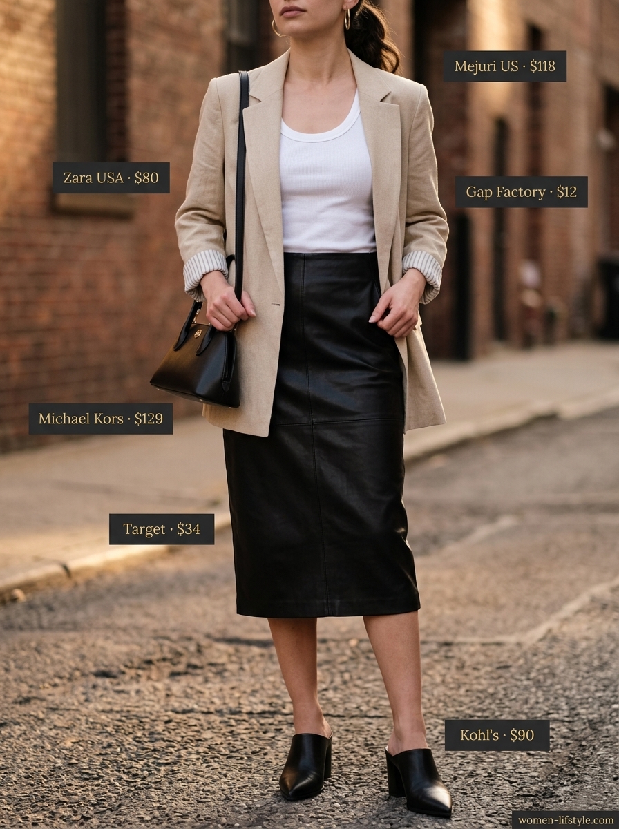 Black vegan leather pencil midi skirt outfit for women, perfect for city outings and casual work days. 2026 style.