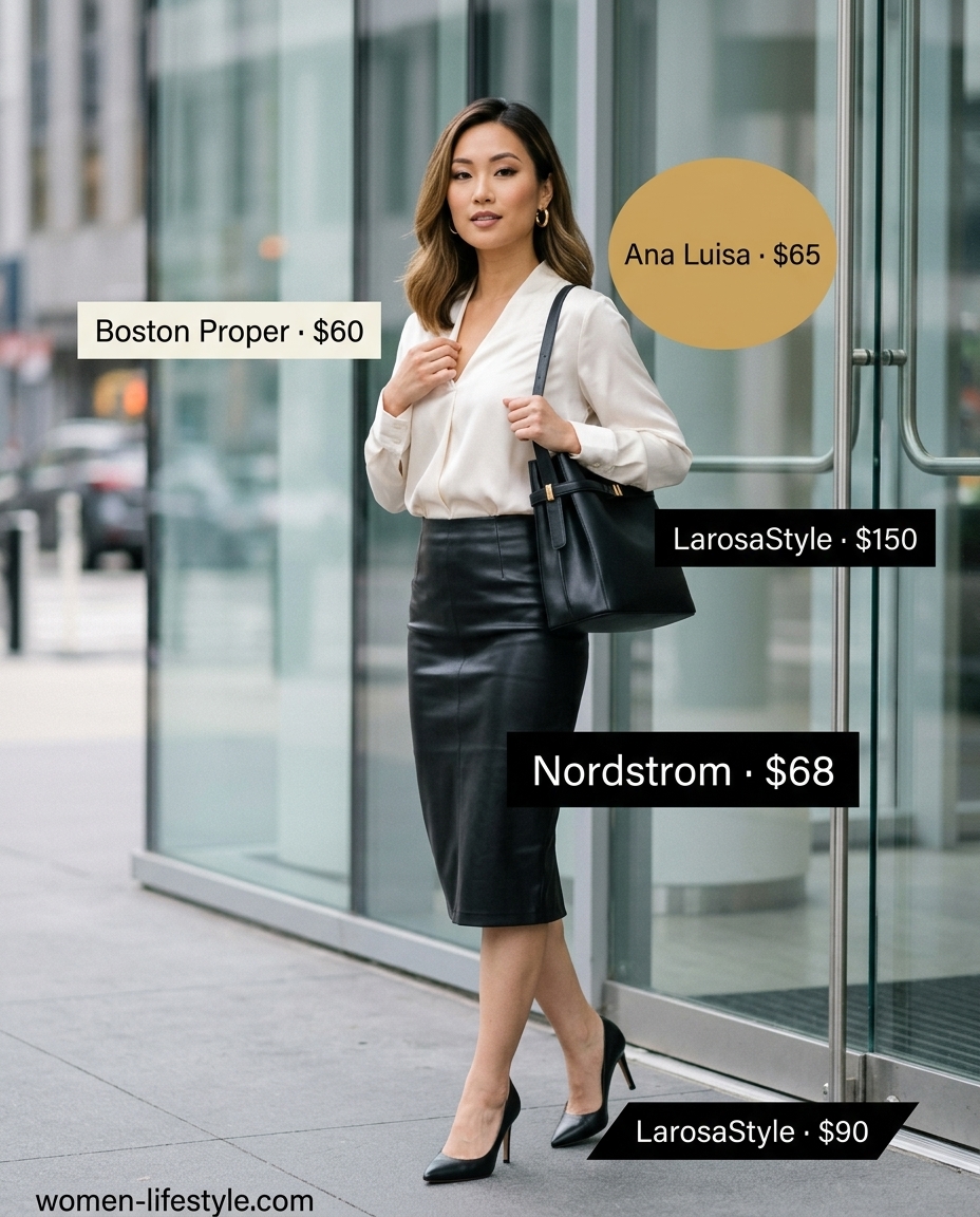 Summer leather skirt outfits for women 2026: Black midi skirt, ivory silk blouse, gold earrings for professional chic.