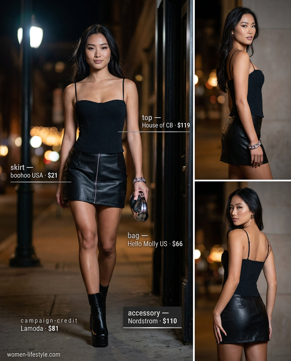 Summer leather skirt outfits for women 2026: Black faux leather mini skirt, corset top, platform boots for edgy night out.
