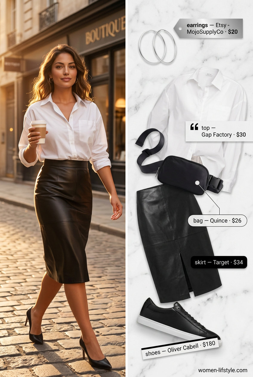 Summer leather skirt outfits for women 2026: Black leather pencil skirt, oversized white shirt, sneakers for city chic.