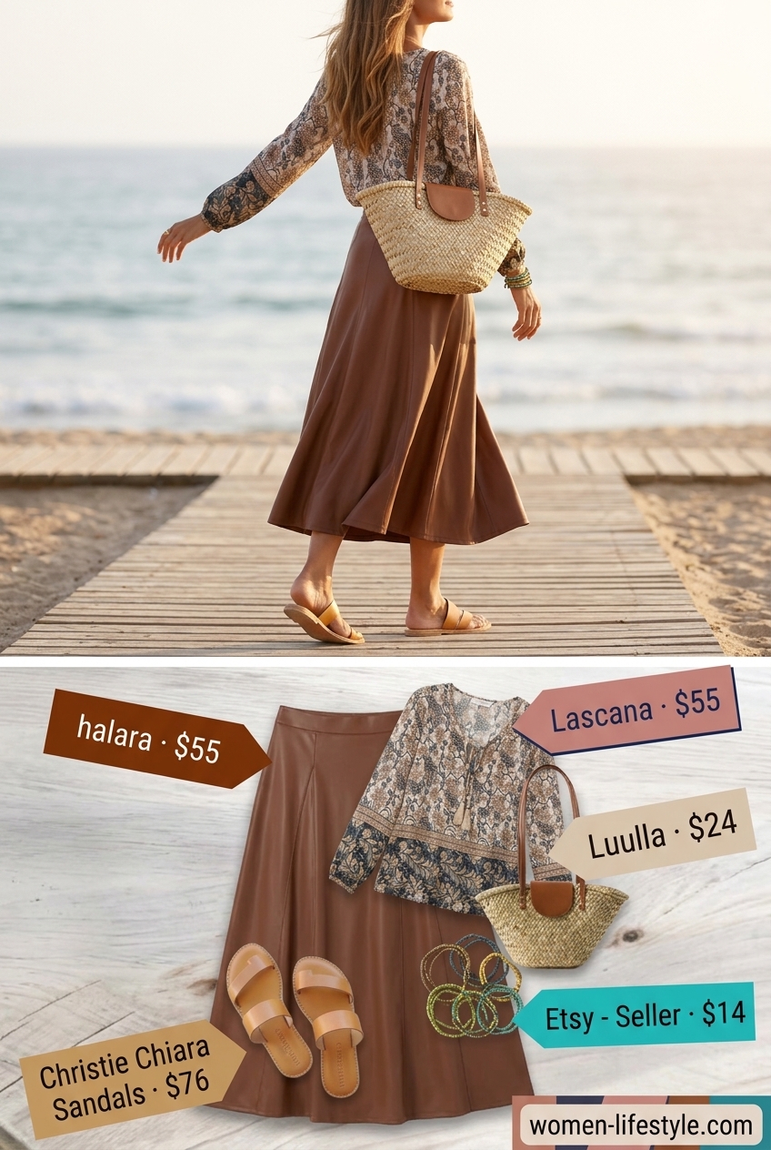 Boho beach breeze summer leather skirt outfit: brown maxi skirt, floral blouse, straw tote, flat sandals. Relaxed festival style.