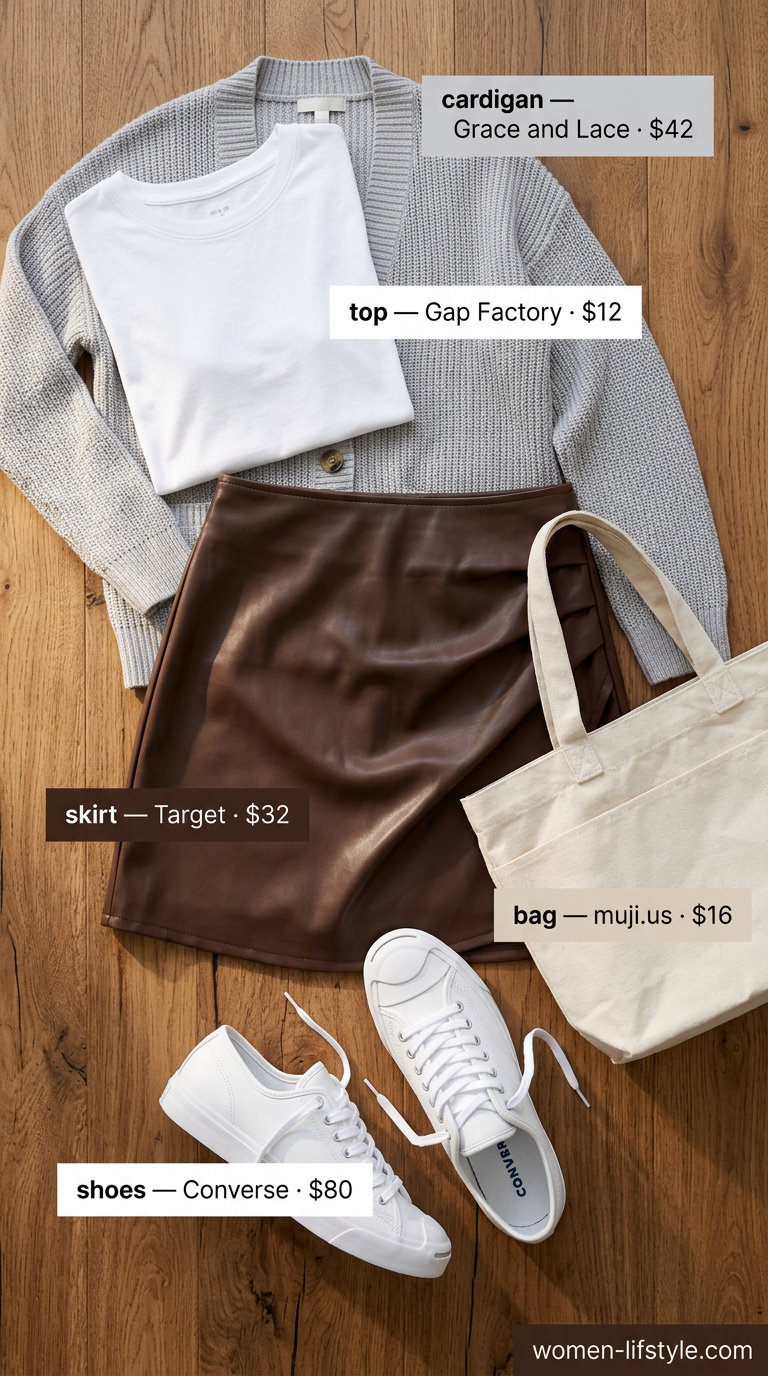 Chocolate brown faux leather bermuda shorts skirt outfit for women, ideal for weekend casual. 2026 style.