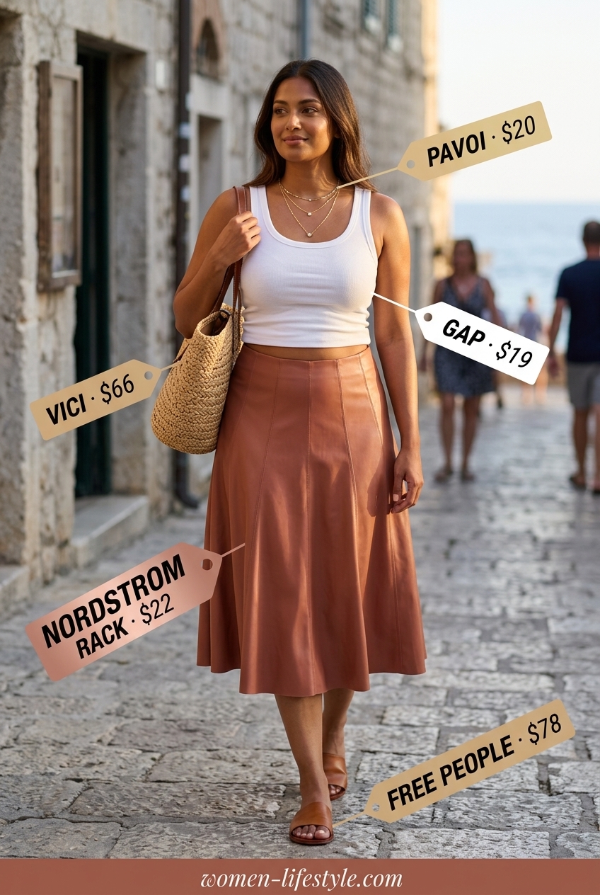 Coastal getaway summer leather skirt outfit: light brown midi skirt, white tank, straw tote, leather slides. Effortless vacation style.