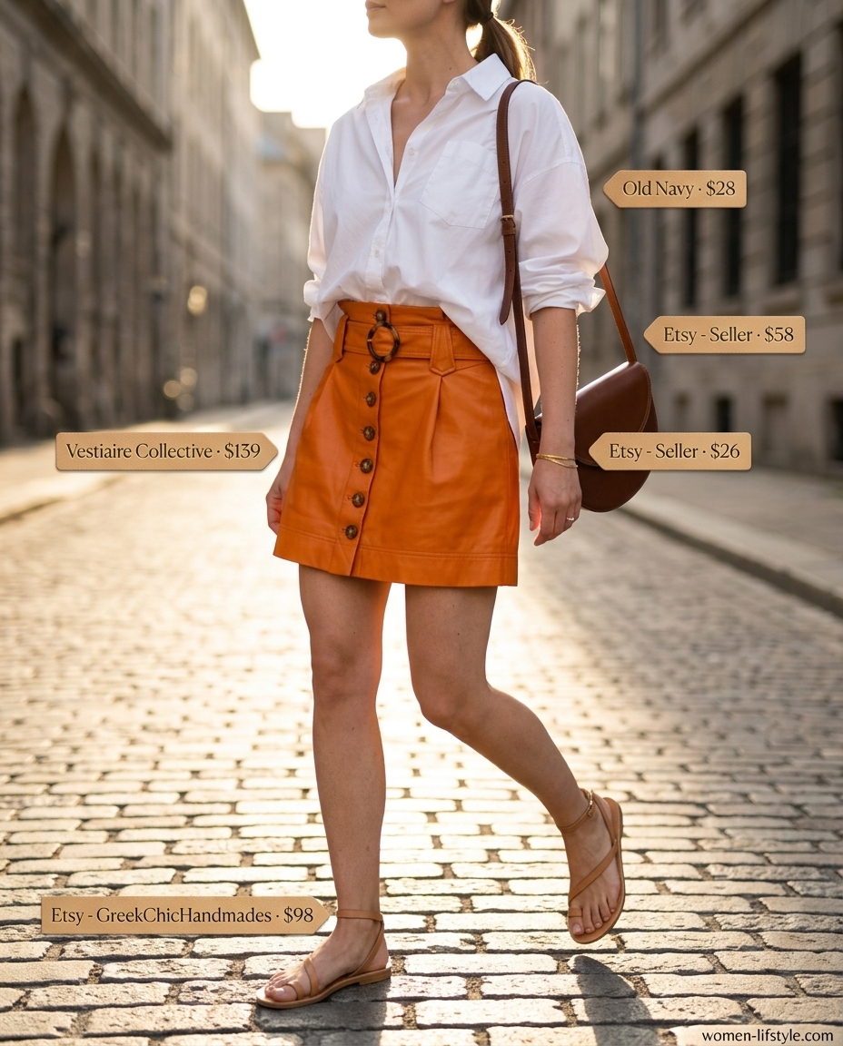 Fiery orange leather mini skirt outfit for women, perfect for summer evenings and festivals. 2026 style.