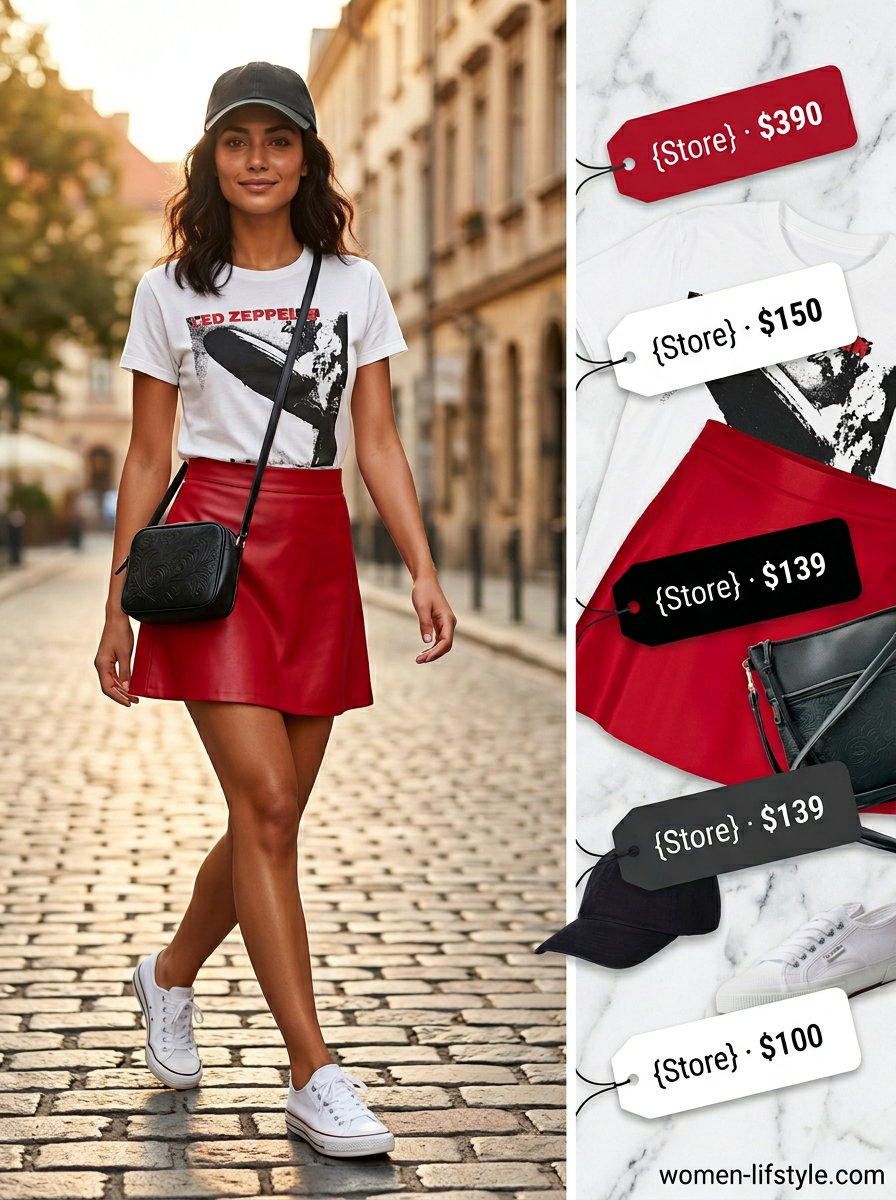 Retro cool summer leather skirt outfit: red faux leather mini skirt, white graphic tee, black cap & sneakers. Perfect for casual days.