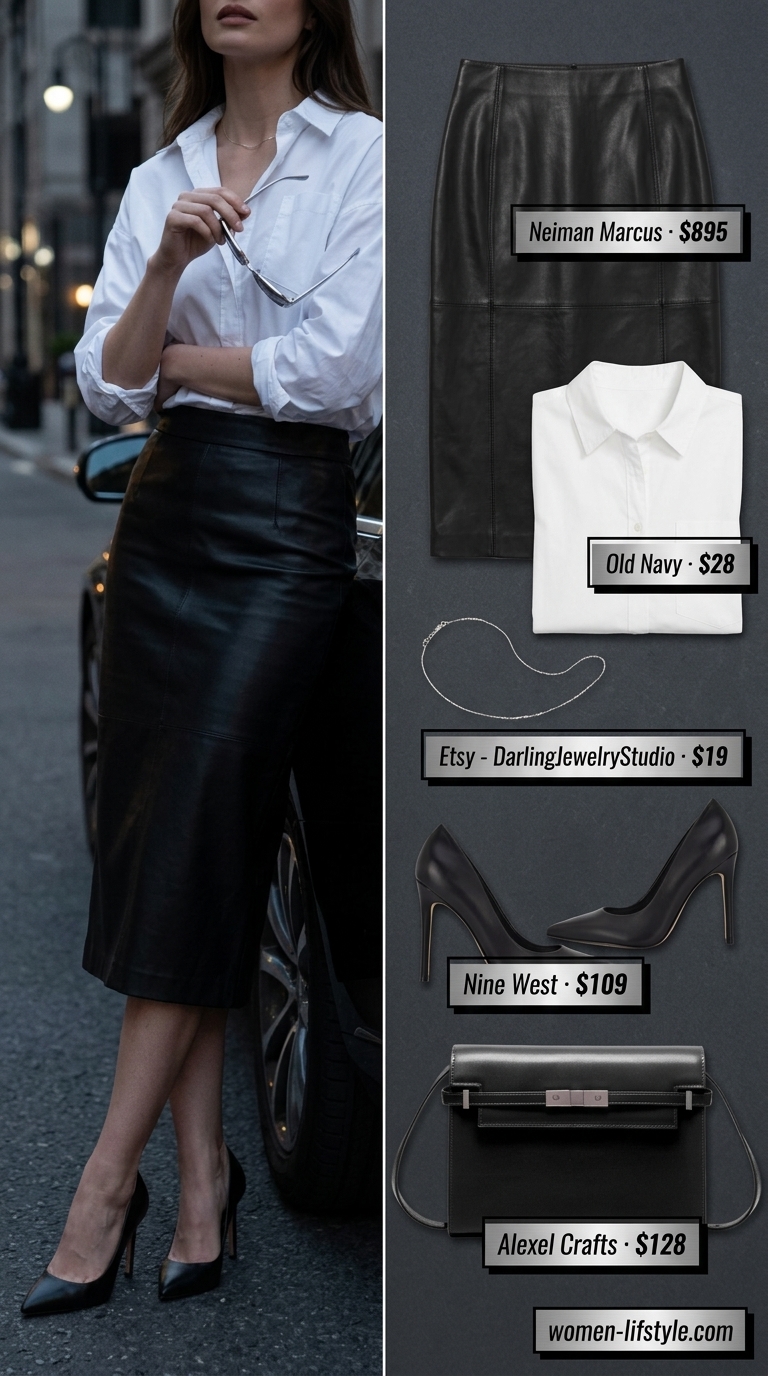 Sunset city chic summer leather skirt outfit: black pencil skirt, oversized white shirt, stiletto heels. Sophisticated evening look.