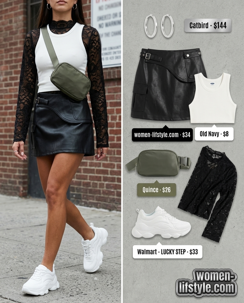 Urban explorer summer leather skirt outfit: black cargo mini skirt, white tank, chunky sneakers, utility belt bag. Cool street style.
