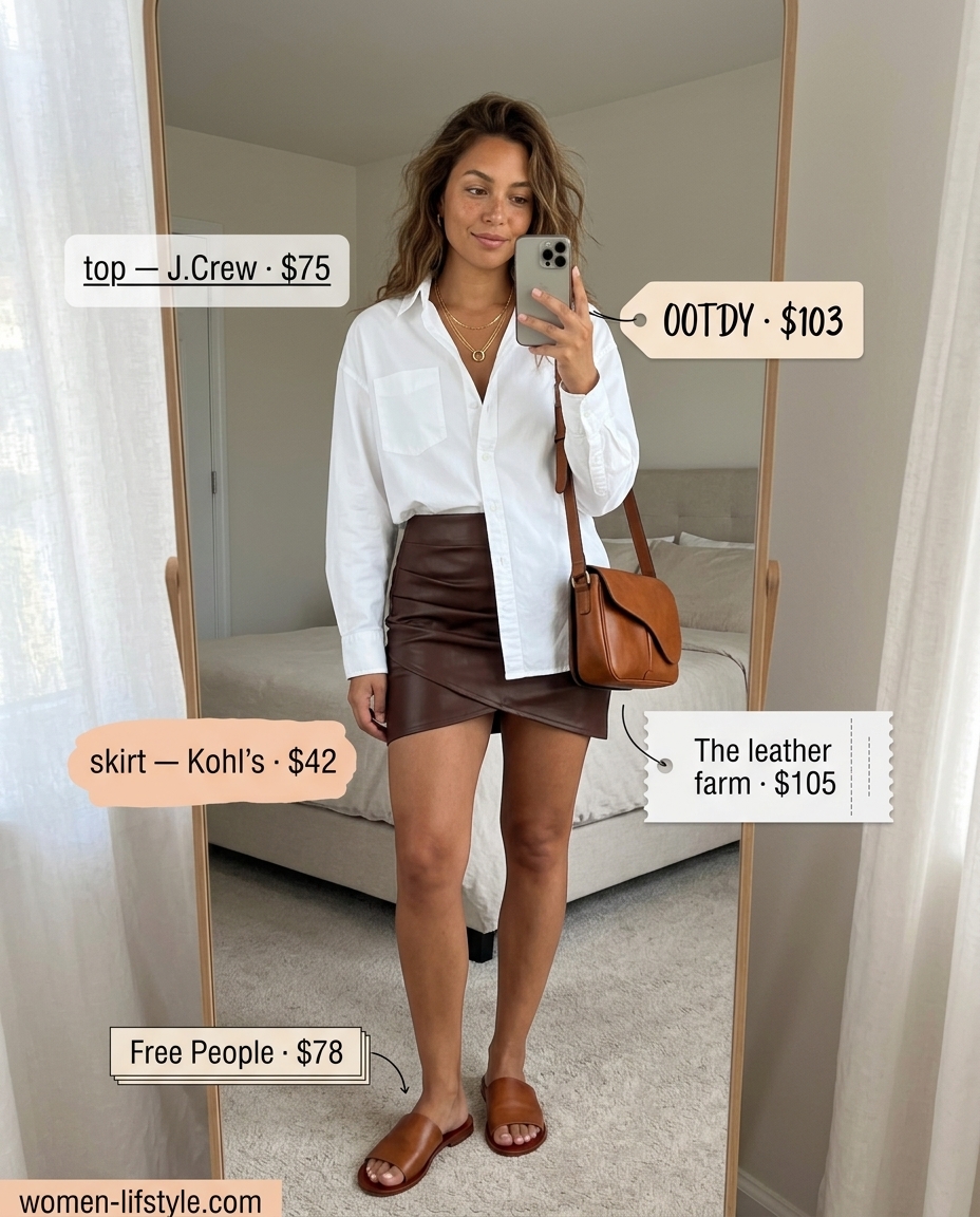 Versatile leather skirt outfit with an oversized white button-down shirt for women, perfect for casual weekends. 2026 style.