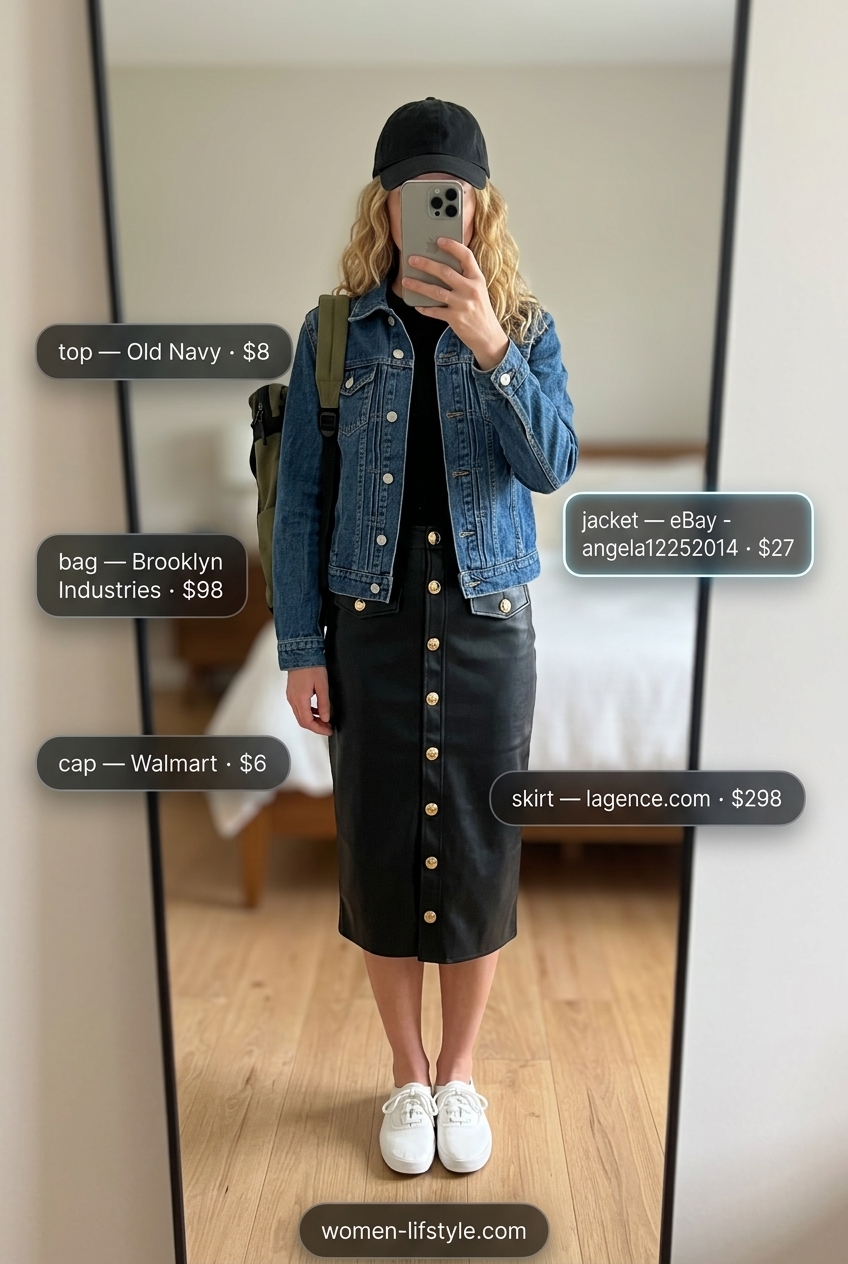 Weekend wanderer summer leather skirt outfit: denim jacket, black tee, white sneakers, olive green skirt. Ideal for casual exploration.