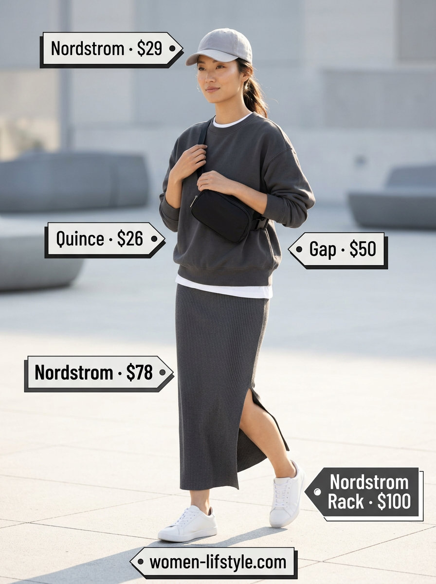 Summer Maxi Skirt and Sneakers Outfits 2026: Charcoal grey knit maxi skirt, sweatshirt, sneakers for travel.