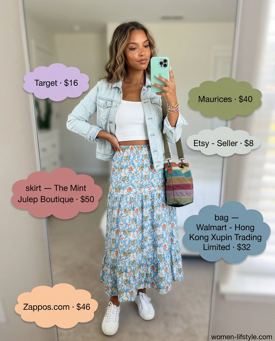 Blue floral maxi skirt, denim jacket, white crop top, sneakers. Summer Maxi Skirt and Sneakers Outfits 2026.