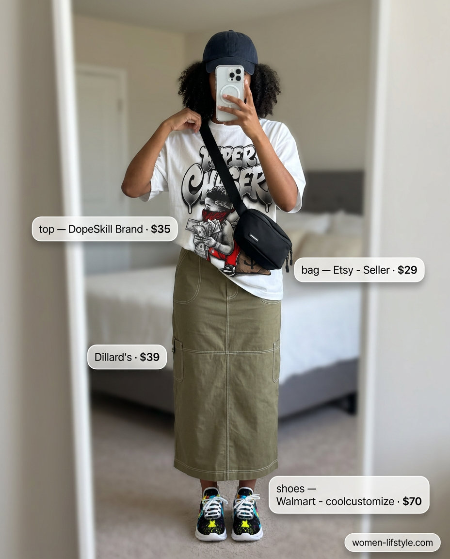 Olive cargo maxi skirt, graphic tee, graphic sneakers. Summer Maxi Skirt and Sneakers Outfits 2026.