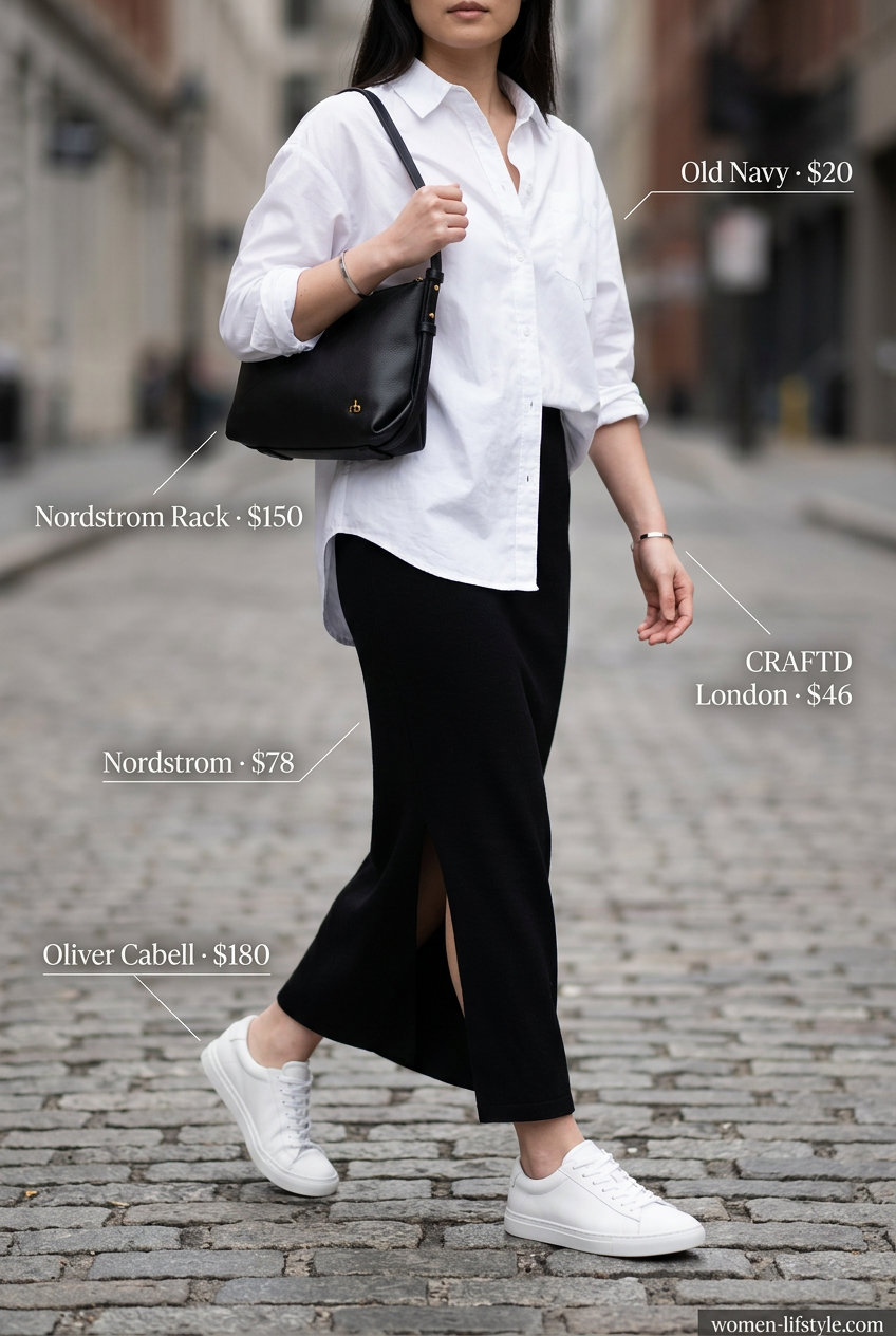 Black maxi skirt with white button-down shirt and sneakers for a chic summer look 2026.