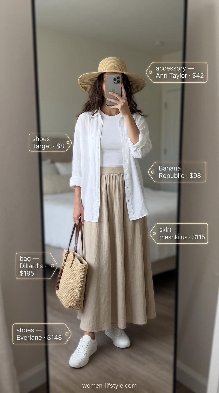 Beige linen maxi skirt with white sneakers and straw hat for a coastal summer outfit 2026.