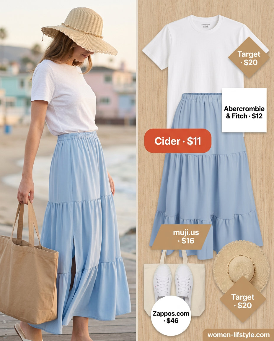 Summer Maxi Skirt and Sneakers Outfits 2026: Sky blue tiered maxi skirt, white tee, sneakers for beach town.