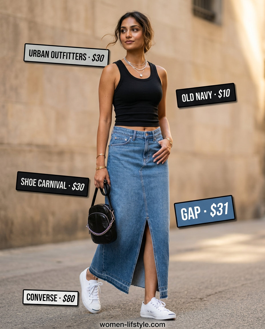 Summer Maxi Skirt and Sneakers Outfits 2026: Denim maxi skirt, black tank, sneakers for casual day.