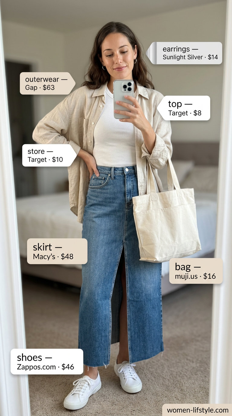 Denim maxi skirt, white tank, linen shirt, canvas sneakers. Summer Maxi Skirt and Sneakers Outfits 2026.