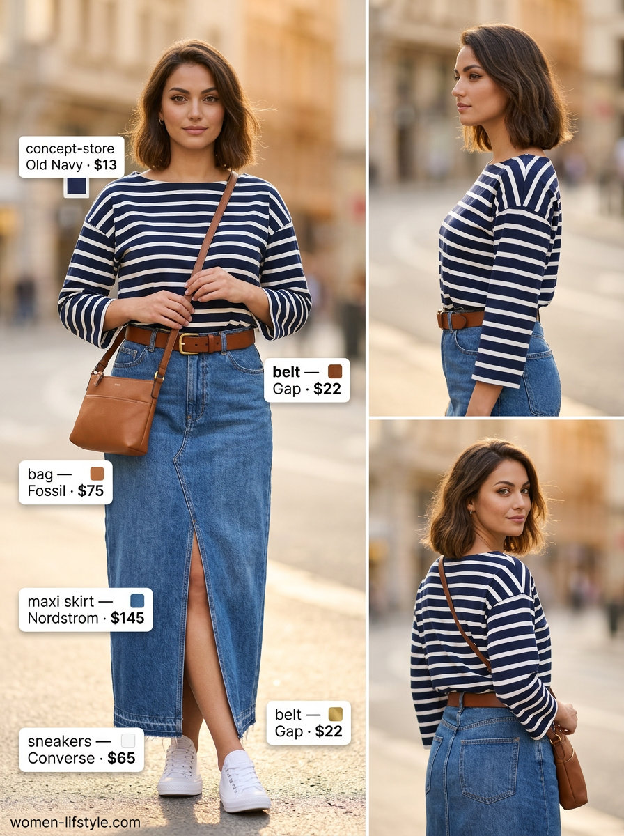 Denim maxi skirt with white sneakers and striped tee for a classic summer outfit 2026.