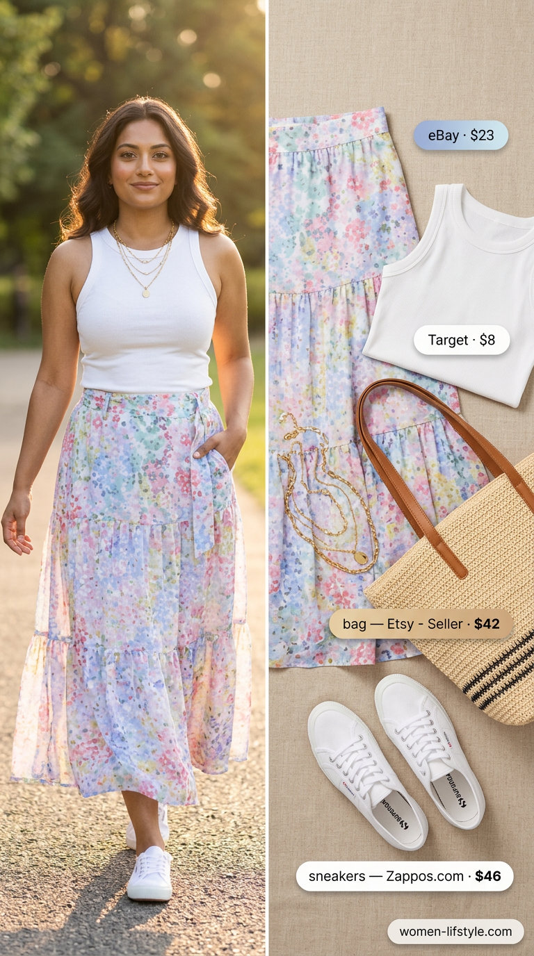Floral maxi skirt, white tank, canvas sneakers. Summer Maxi Skirt and Sneakers Outfits 2026.