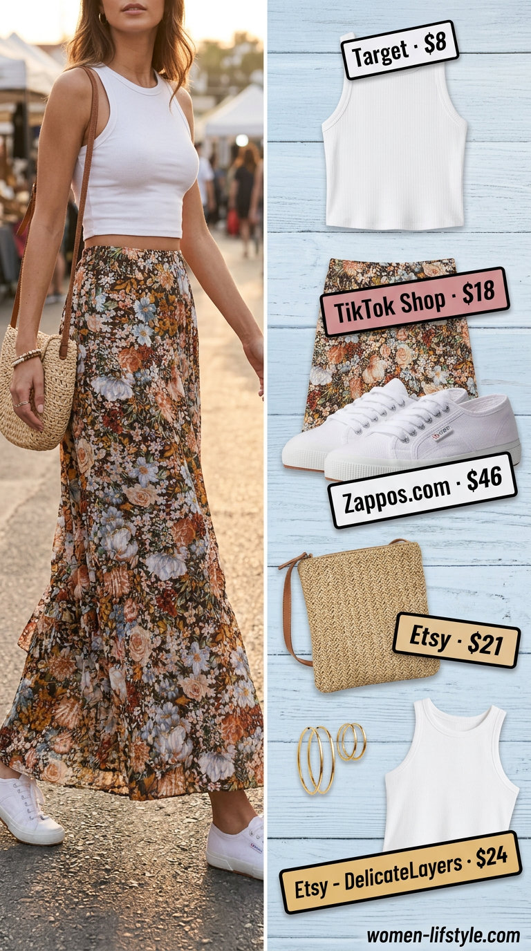 Summer Maxi Skirt and Sneakers Outfits 2026: Pastel floral maxi skirt, white tank, sneakers for evening out.