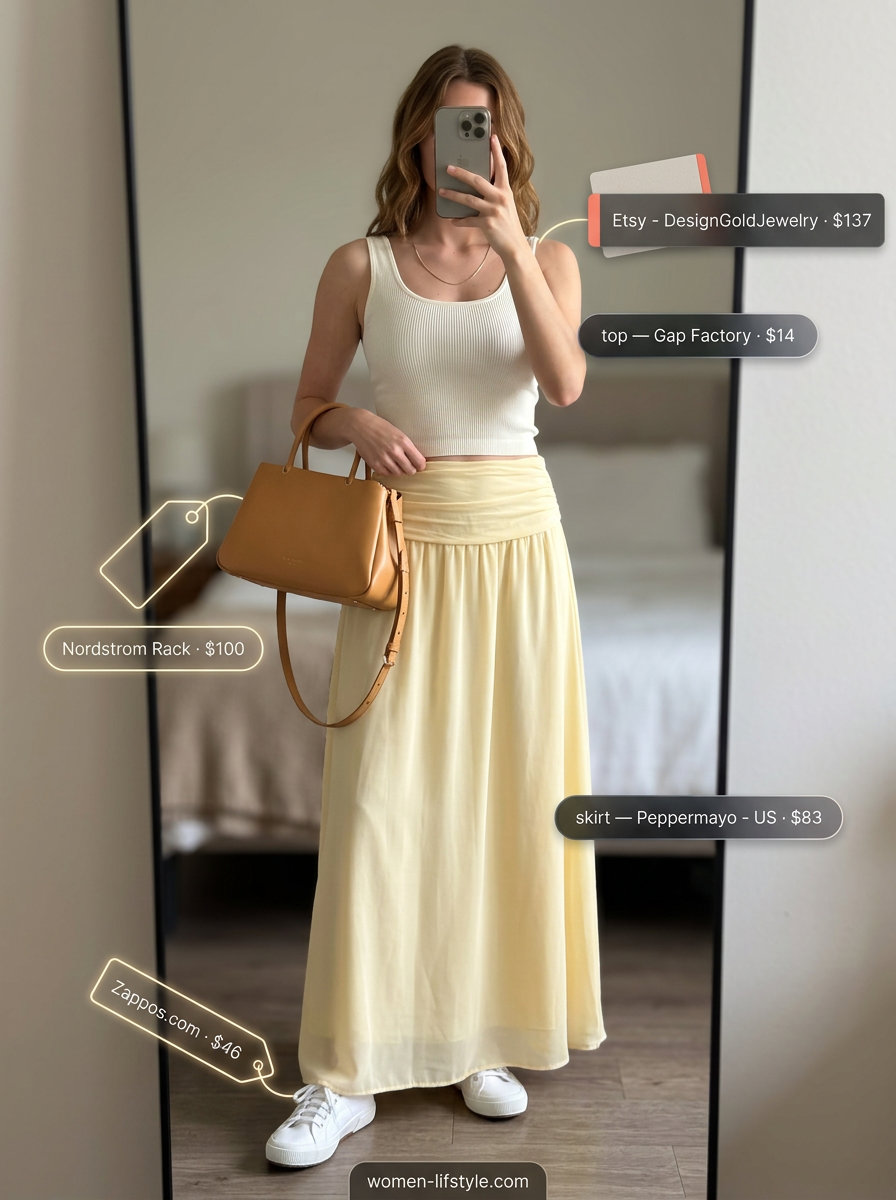 Summer Maxi Skirt and Sneakers Outfits 2026: Mustard yellow maxi skirt, cream top, sneakers for evening out.