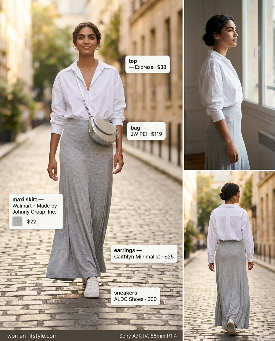 Grey knit maxi skirt, white shirt, grey sneakers. Summer Maxi Skirt and Sneakers Outfits 2026.