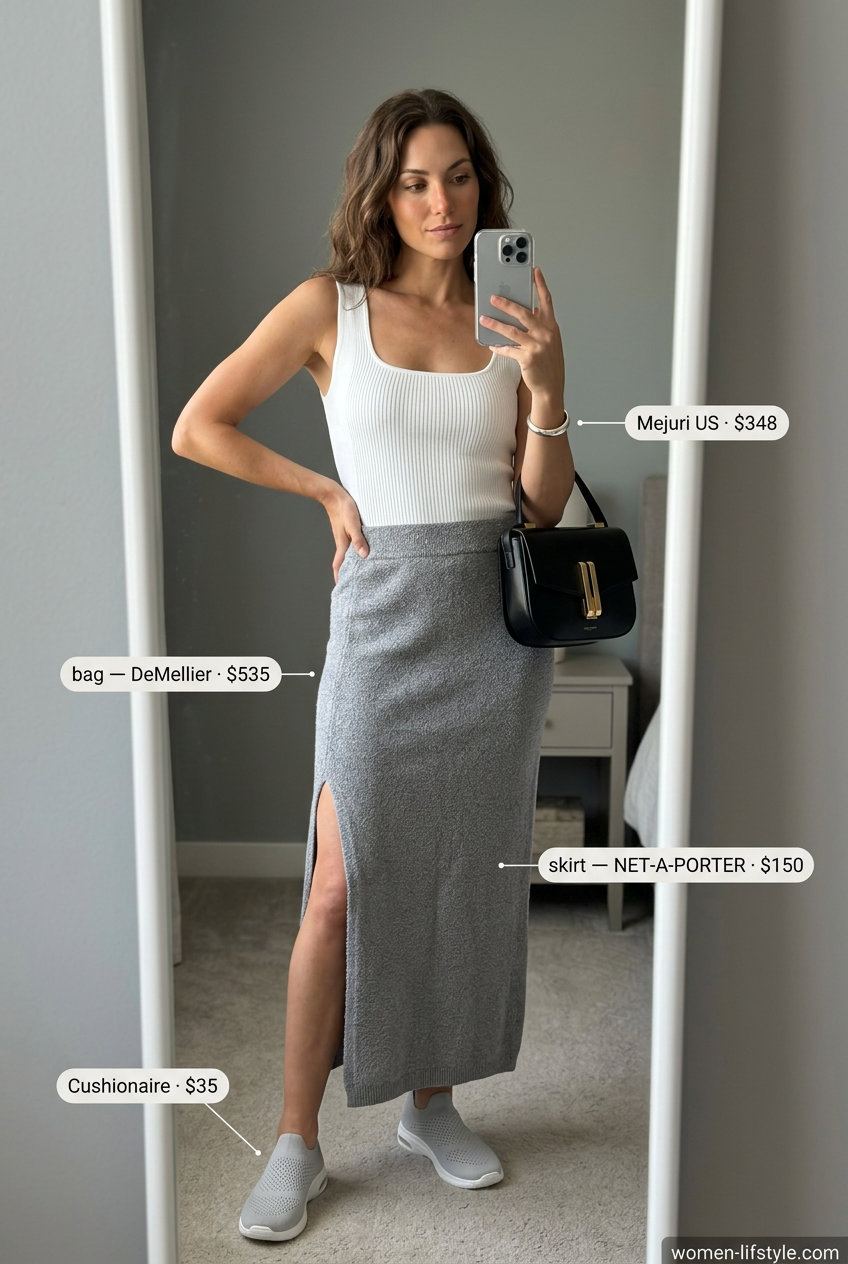 Grey ribbed maxi skirt with white knit top and minimalist sneakers for summer 2026.