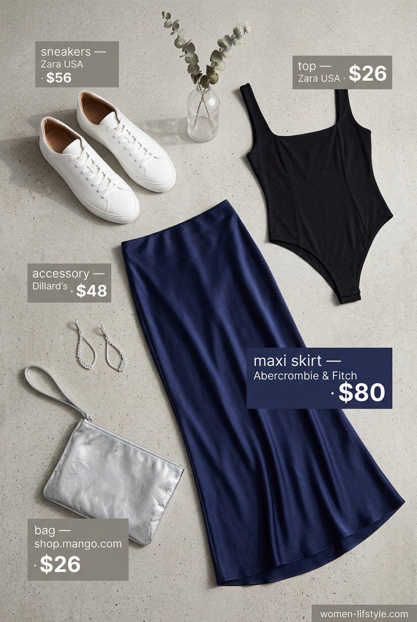 Navy satin maxi skirt, black bodysuit, white sneakers, silver clutch. Summer Maxi Skirt and Sneakers Outfits 2026.