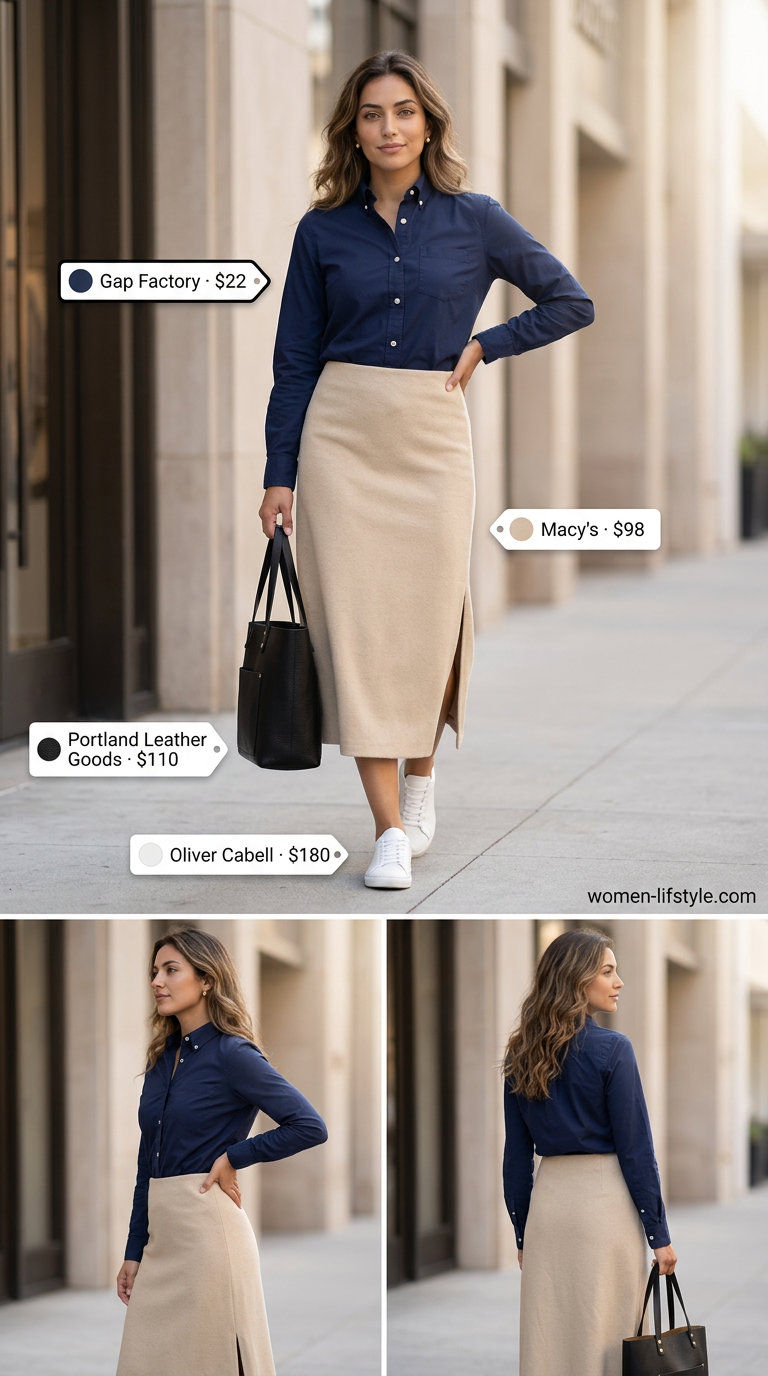 Summer Maxi Skirt and Sneakers Outfits 2026: Beige A-line midi skirt, navy shirt, white sneakers for office.