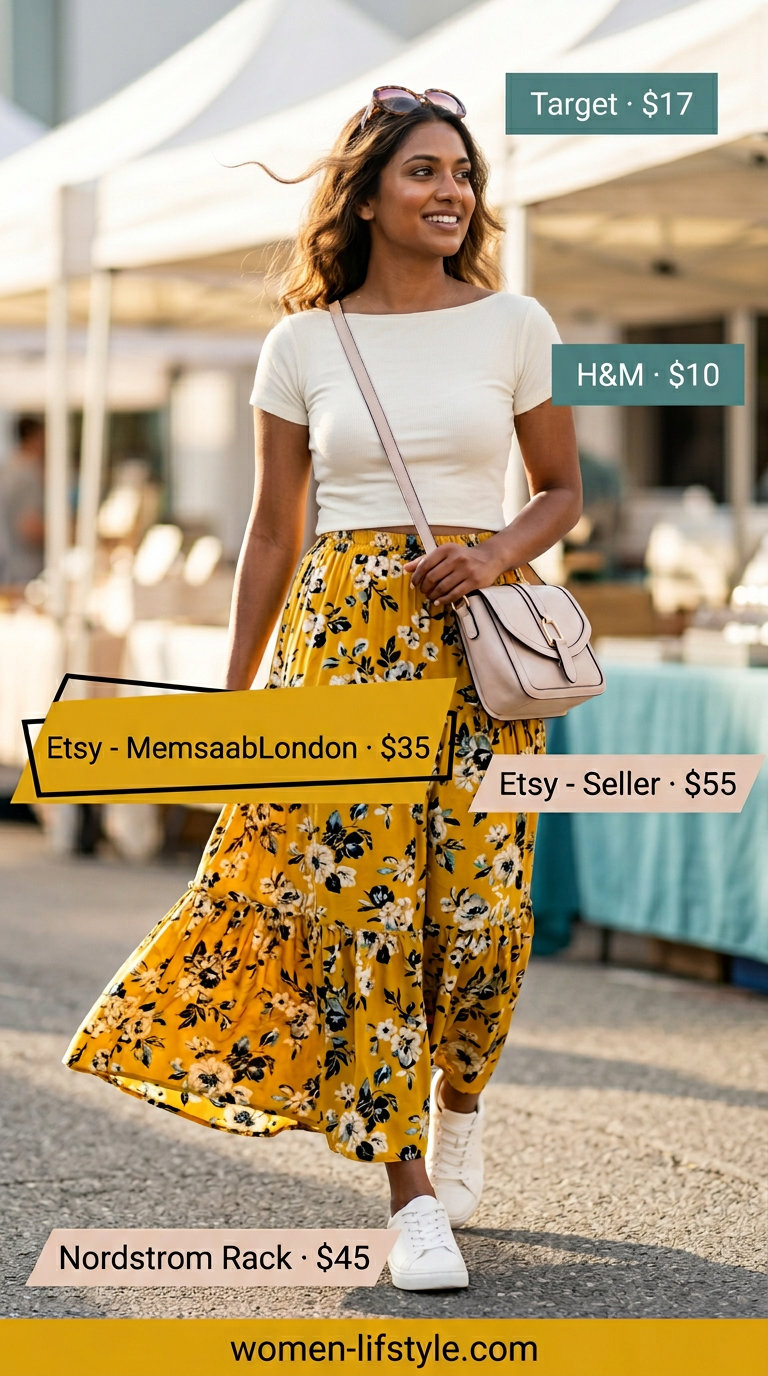 Mustard yellow geometric print maxi skirt with white sneakers for a retro summer outfit 2026.