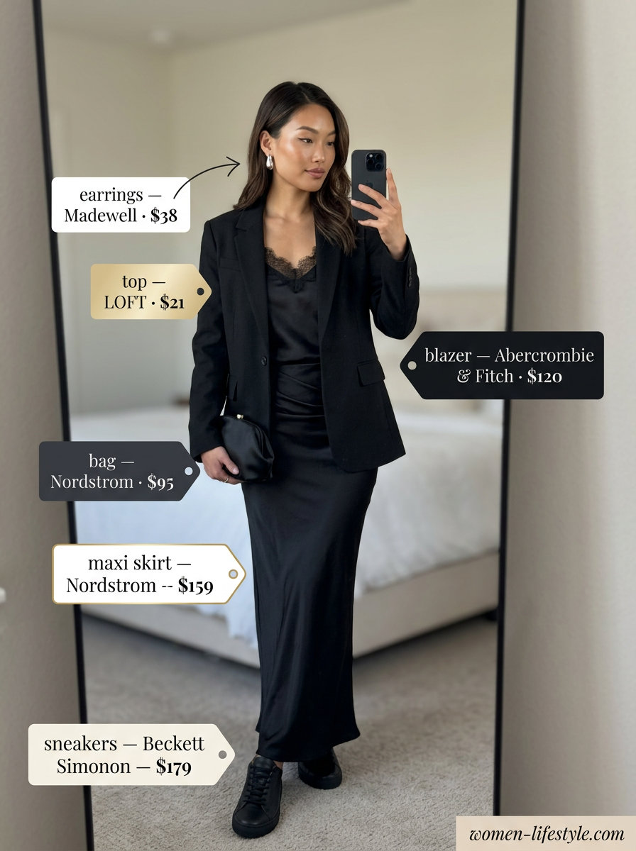 Black satin maxi skirt, lace cami, blazer, leather sneakers. Summer Maxi Skirt and Sneakers Outfits 2026.
