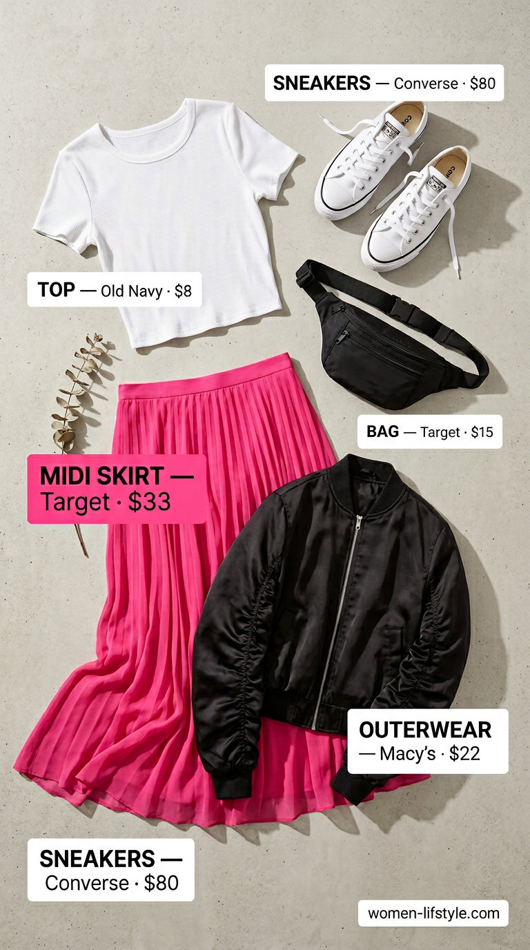 Hot pink pleated midi skirt, black bomber jacket, white sneakers. Summer Maxi Skirt and Sneakers Outfits 2026.