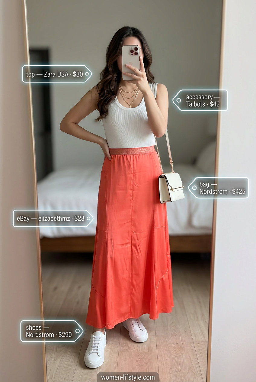 Coral satin maxi skirt with white sneakers and gold necklaces for a chic summer evening 2026.