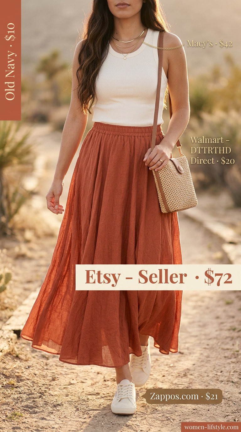 Summer Maxi Skirt and Sneakers Outfits 2026: Terracotta maxi skirt, cream tank, sneakers for sunset walk.