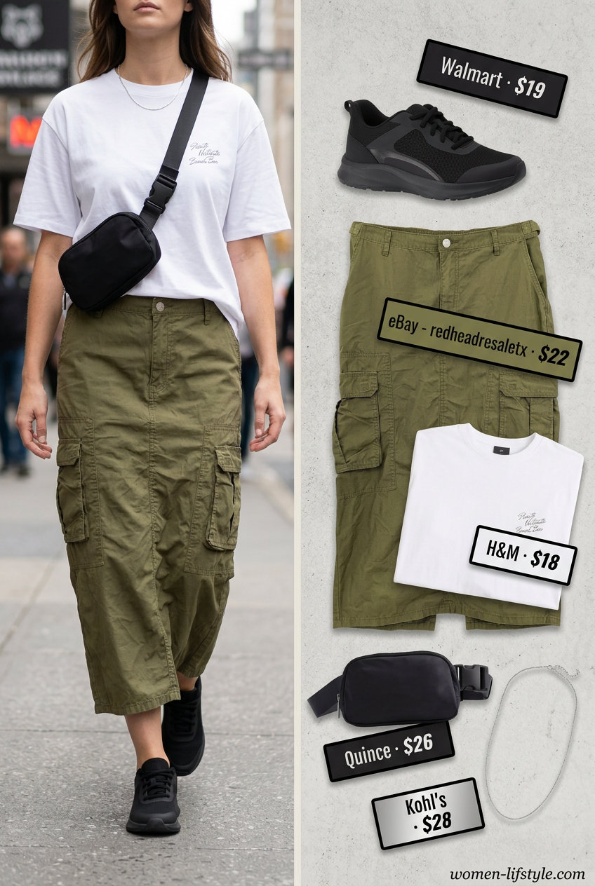 Olive green cargo maxi skirt with white graphic tee and black sneakers for summer 2026.