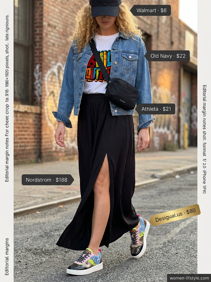 Black maxi skirt with denim jacket and graphic sneakers for an edgy summer outfit 2026.