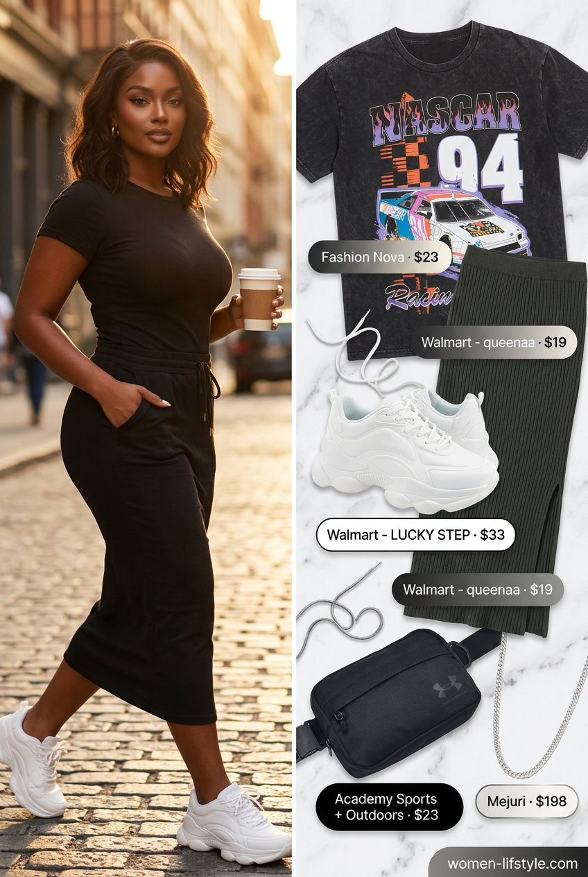 Black maxi skirt with white chunky sneakers for an edgy urban summer outfit 2026.
