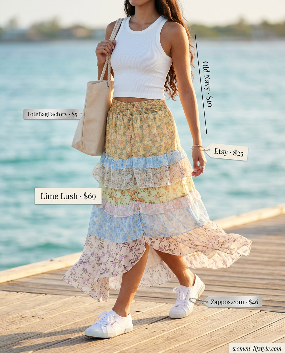 Summer Maxi Skirt and Sneakers Outfits 2026: Pastel floral maxi skirt, white tank, sneakers for vacation.