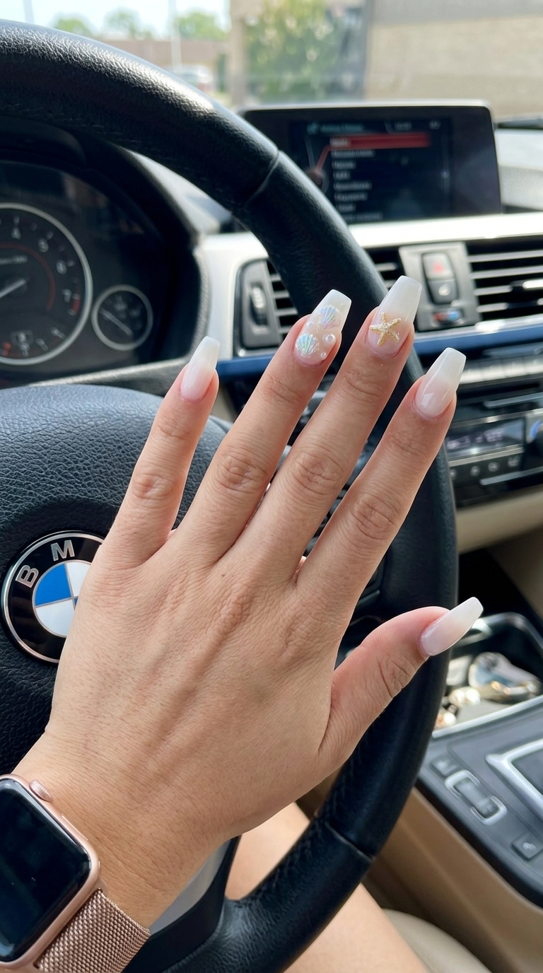 Beach charm seashell coffin nails for summer nail manicure ideas 2026, ideal for vacation.