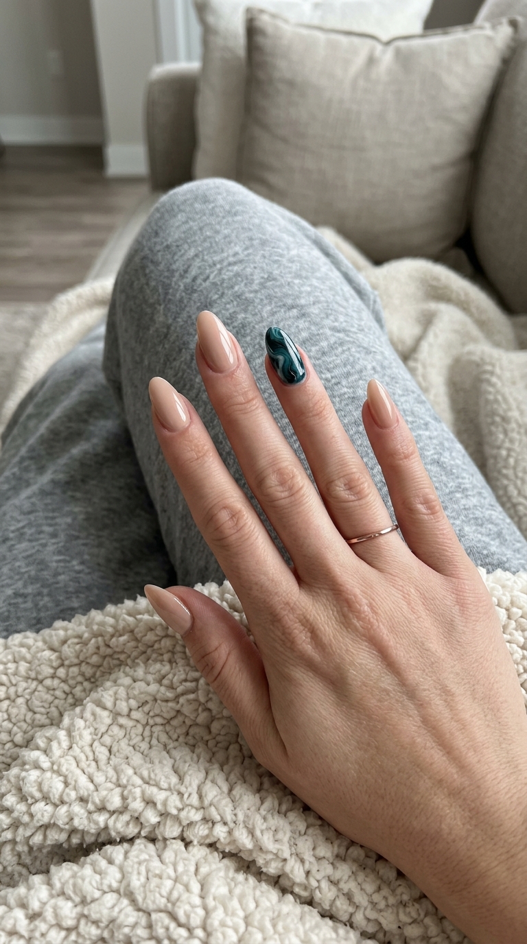 Deep teal marble accent nails for summer nail manicure ideas 2026, elegant for formal events.