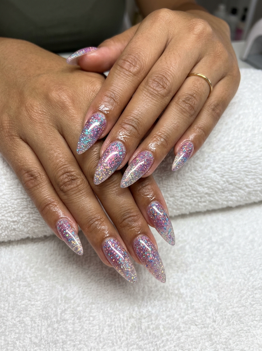 Disco glitter stiletto gradient nails for summer nail manicure ideas 2026. Glamorous party style.