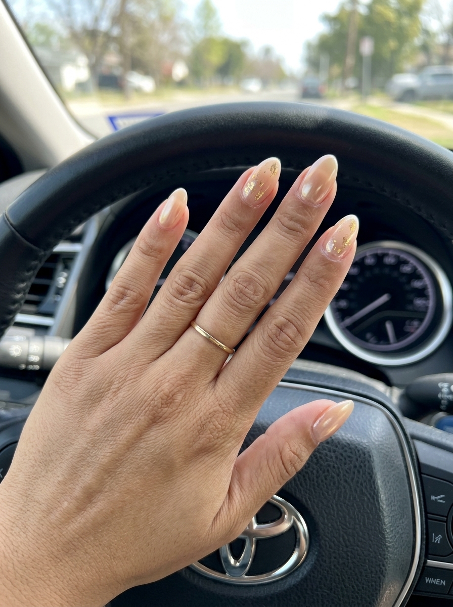 Golden nude glazed flakes for summer nail manicure ideas 2026, chic for everyday wear.