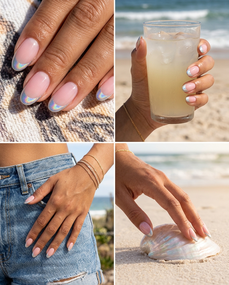 Sheer pink nails with holographic silver French tips for edgy summer nail manicure ideas 2026.