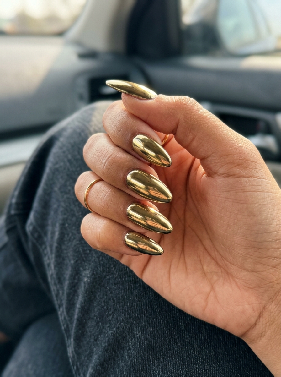 Liquid gold mirror almond nails for summer nail manicure ideas 2026. Bold luxurious party style.