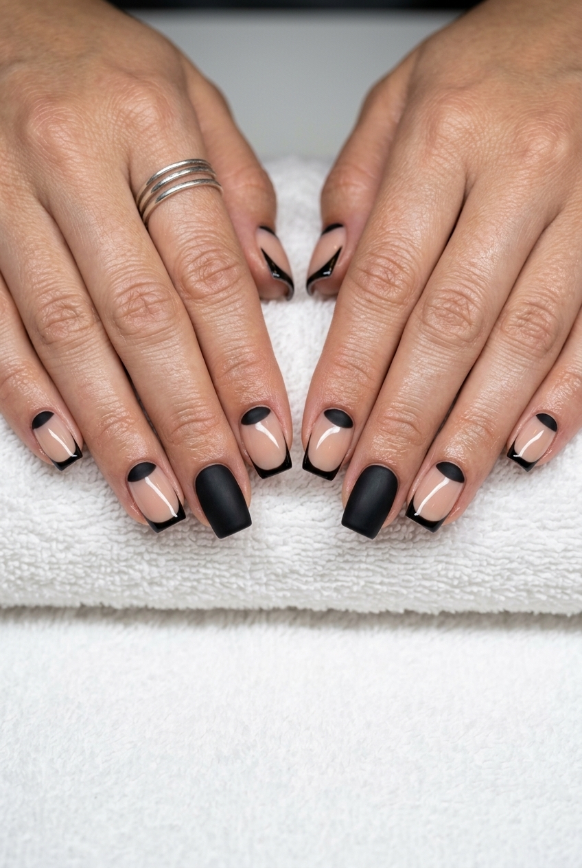 Matte noir reverse French nails for summer nail manicure ideas 2026, edgy for night outs.