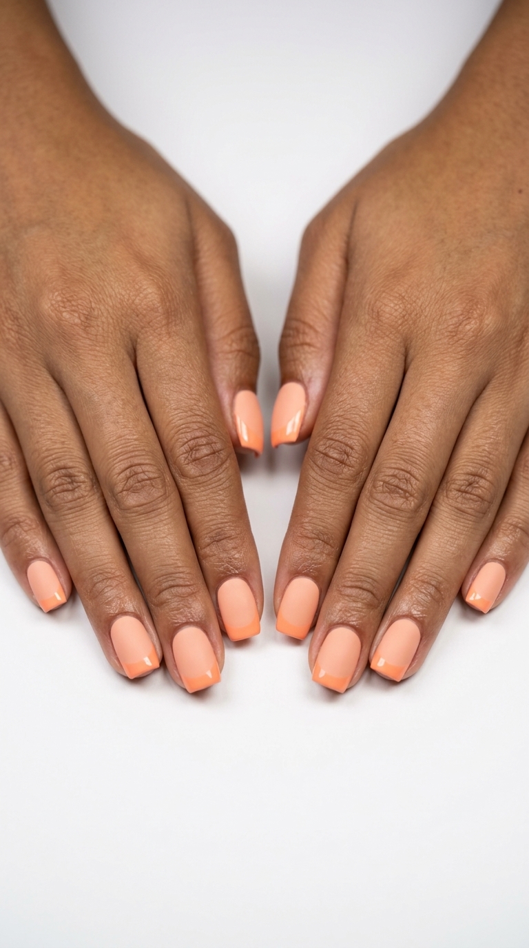 Matte peach nails with glossy peach French tips for chic summer nail manicure ideas 2026.