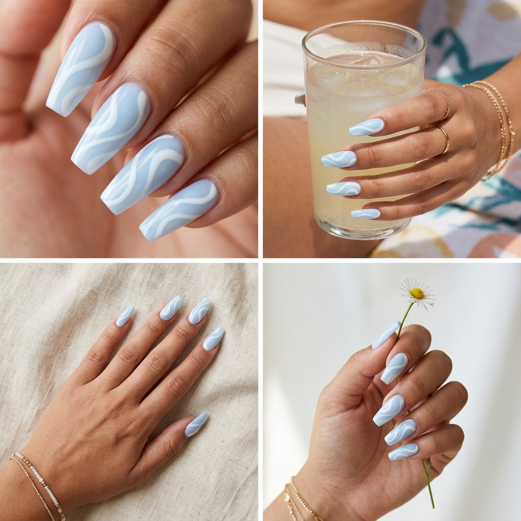 Milky light blue nails with opaque white abstract swirls for artistic summer nail manicure ideas 2026.